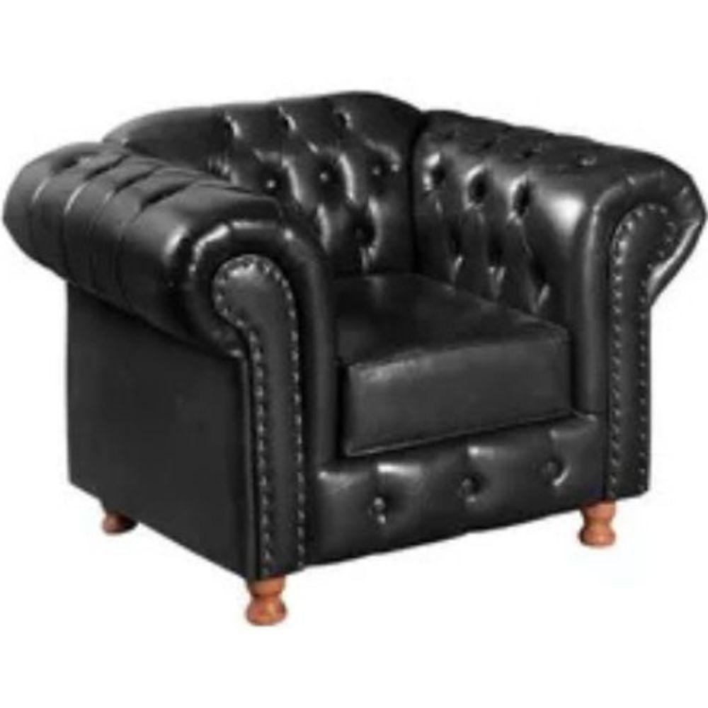 Conjunto Sofá 4 Lugares E Poltrona Chesterfield Luís Xv Vintage Retrô Capitonê Couro Preto