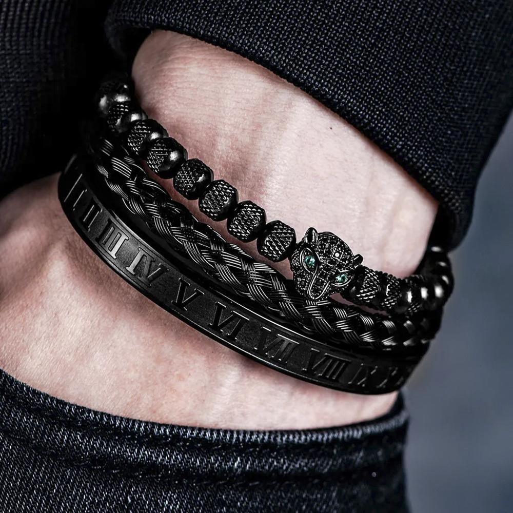 Kit 3 Pulseiras Pantera Negra Aço Inoxidável Europeu Romano