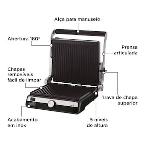 Miniatura Grill Elétrico Black+Decker G1500G Gourmand Gris 1500W Abertura 180° Chapas Removíveis Antiaderente Inox 110V