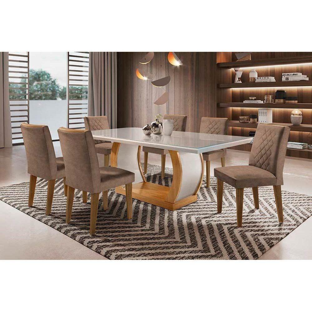 Miniatura Conjunto Mesa De Cozinha Jade Tampo Madeirado Com Vidro Reto 180x90 E 6 Cadeiras Jade Imbuia Suede Capuccino Rufato