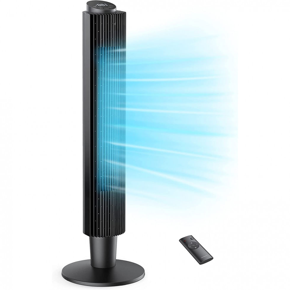 Miniatura Ventilador de Torre PARIS RHÔNE PE TF001005 com 5 Velocidades, Controle Remoto e Tela LED, 110V 45W, Preto