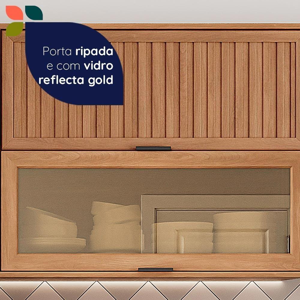 Armário Aéreo Castanha 1200mm 1 Porta Ripada E 1 Porta De Vidro - Freijó E Cinza