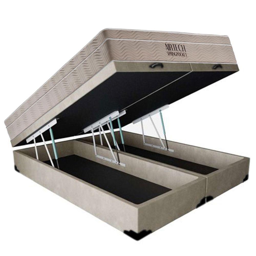 Miniatura Cama Box Baú Casal Suede Bipartido + Colchão Ortobom Airtech Molas Ensacadas 138x188x65 Bege