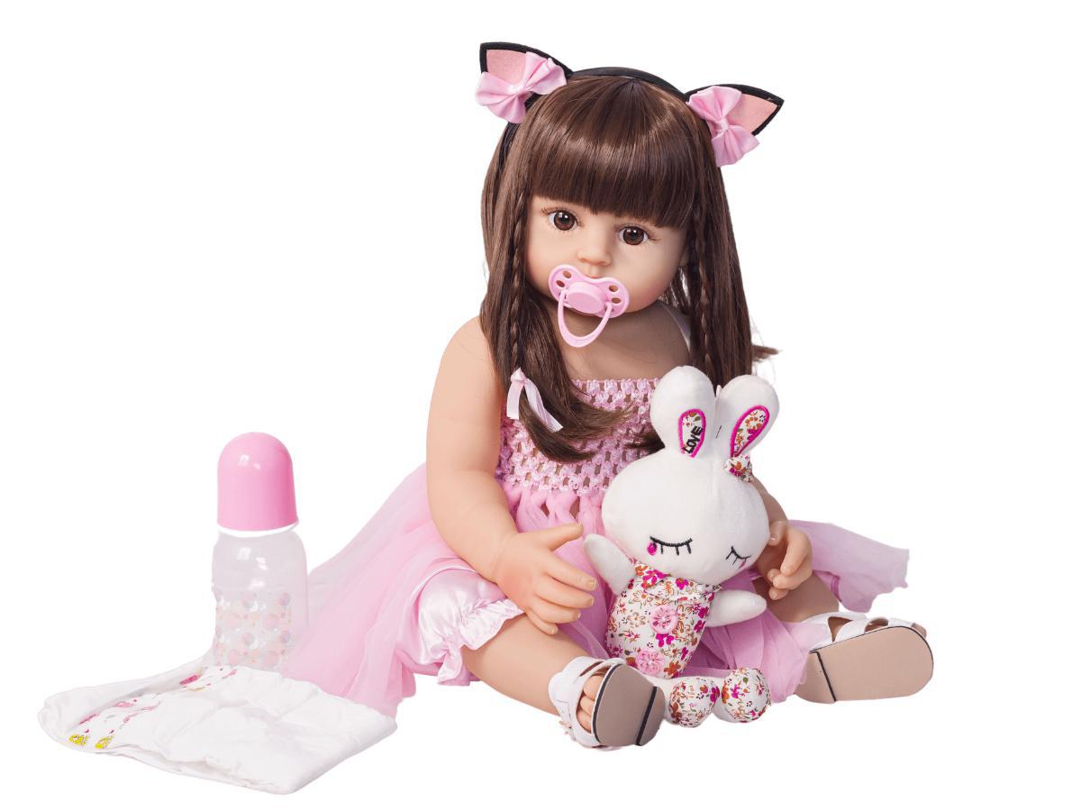 Miniatura Boneca Bebê Reborn Menina Realista 100% Silicone 55Cm