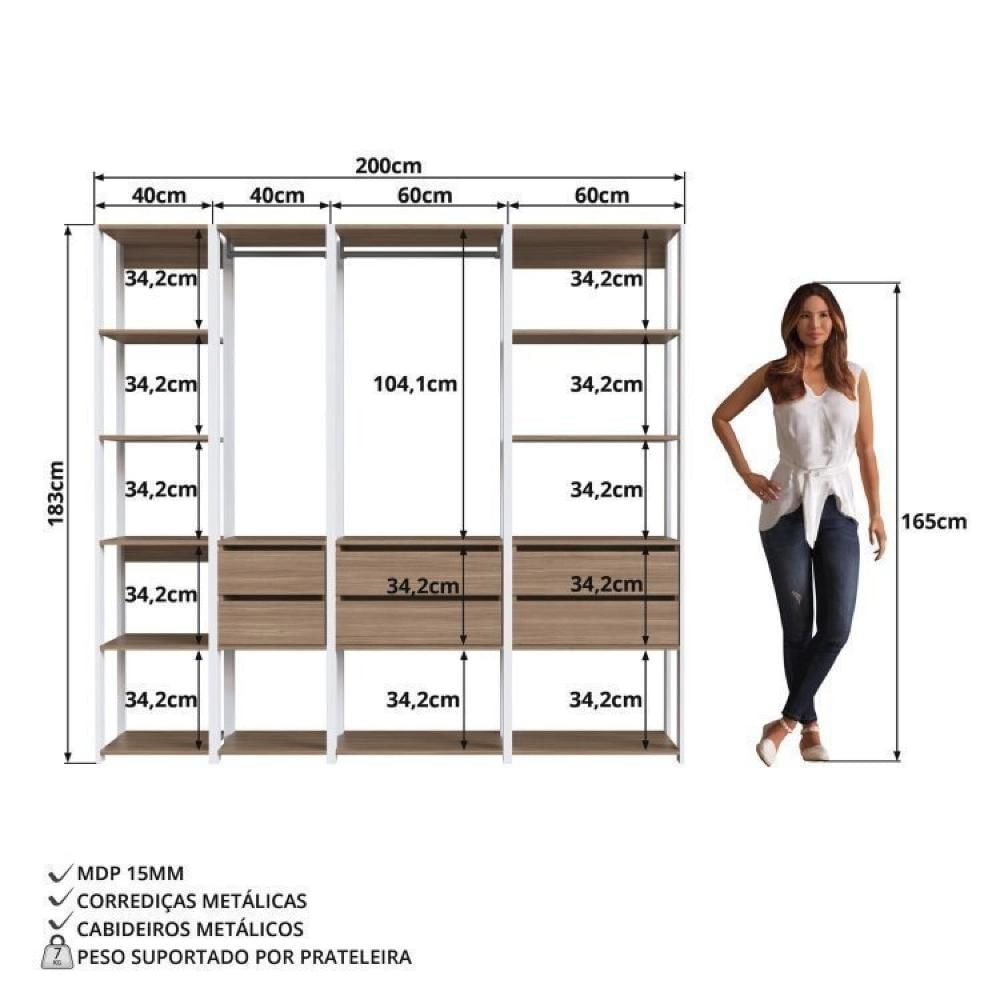Guarda Roupa Closet 4 Peças com 2 Cabideiros 6 Gavetas e 11 Nichos Easy Branco/Montana