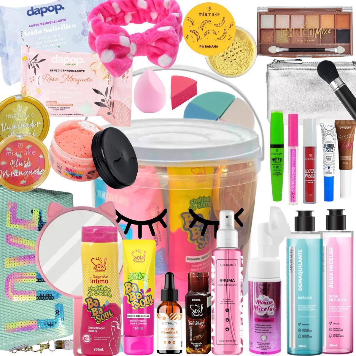 Miniatura Kit Balde De Maquiagem Batom Paleta De Sombras E Skin Care