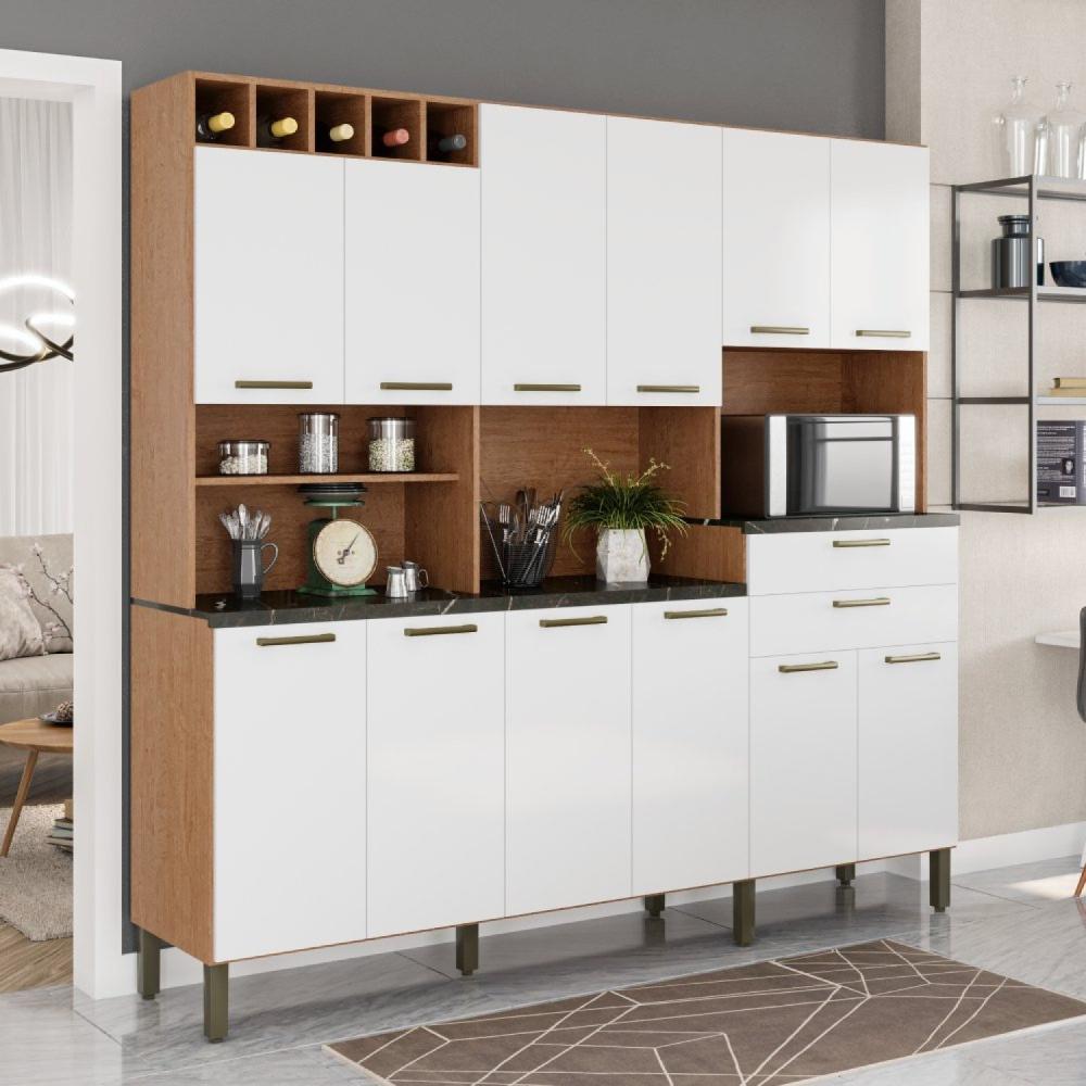 Miniatura Armário de Cozinha 12 Portas 2 Gavetas com Espaço para Microondas 100% MDF Vitis Espresso Móveis Castanho/Branco