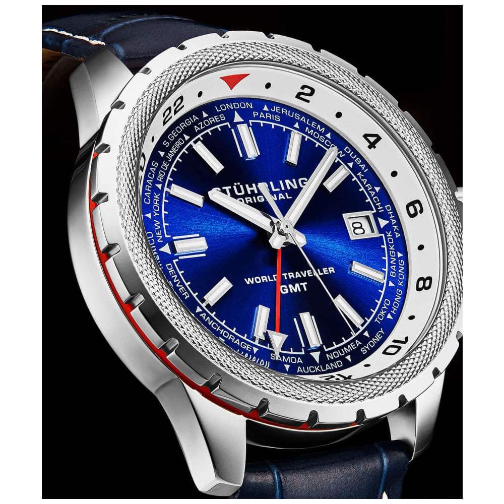 Miniatura Relógio Global Voyager 1014 GMT 42 mm com cronômetro mundial e design Lunar Shadow, da Stuhrling.