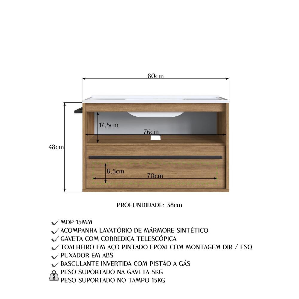 Gabinete de Banheiro Suspenso 80cm com 1 Toalheiro 1 Porta 1 Gaveta Bh8030 com Lavatorio Mel