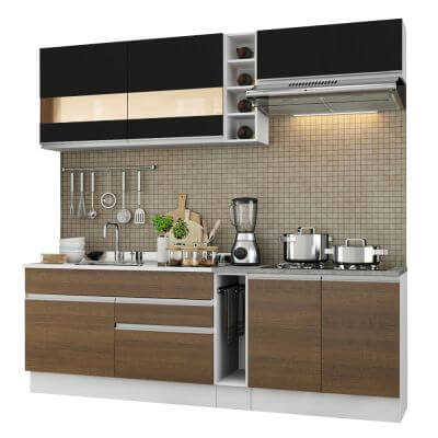 Miniatura Cozinha Completa Madesa Parma com Armário e Balcão (Sem tampo e Pia) Branco/Rustic/Preto Cor:Branco/Rustic/Preto