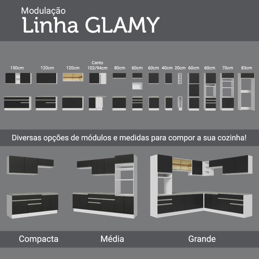 Cozinha Completa de Canto Madesa Glamy 329001 com Armário e Balcão (Sem Tampo e Pia) - Branco/Preto Branco/Preto