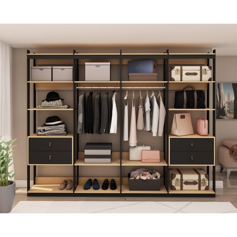 Miniatura Guarda Roupa Closet 4 Modulos, 4 Gavetas, 2 Cabideiros Estilo Industrial Freijó/Preto