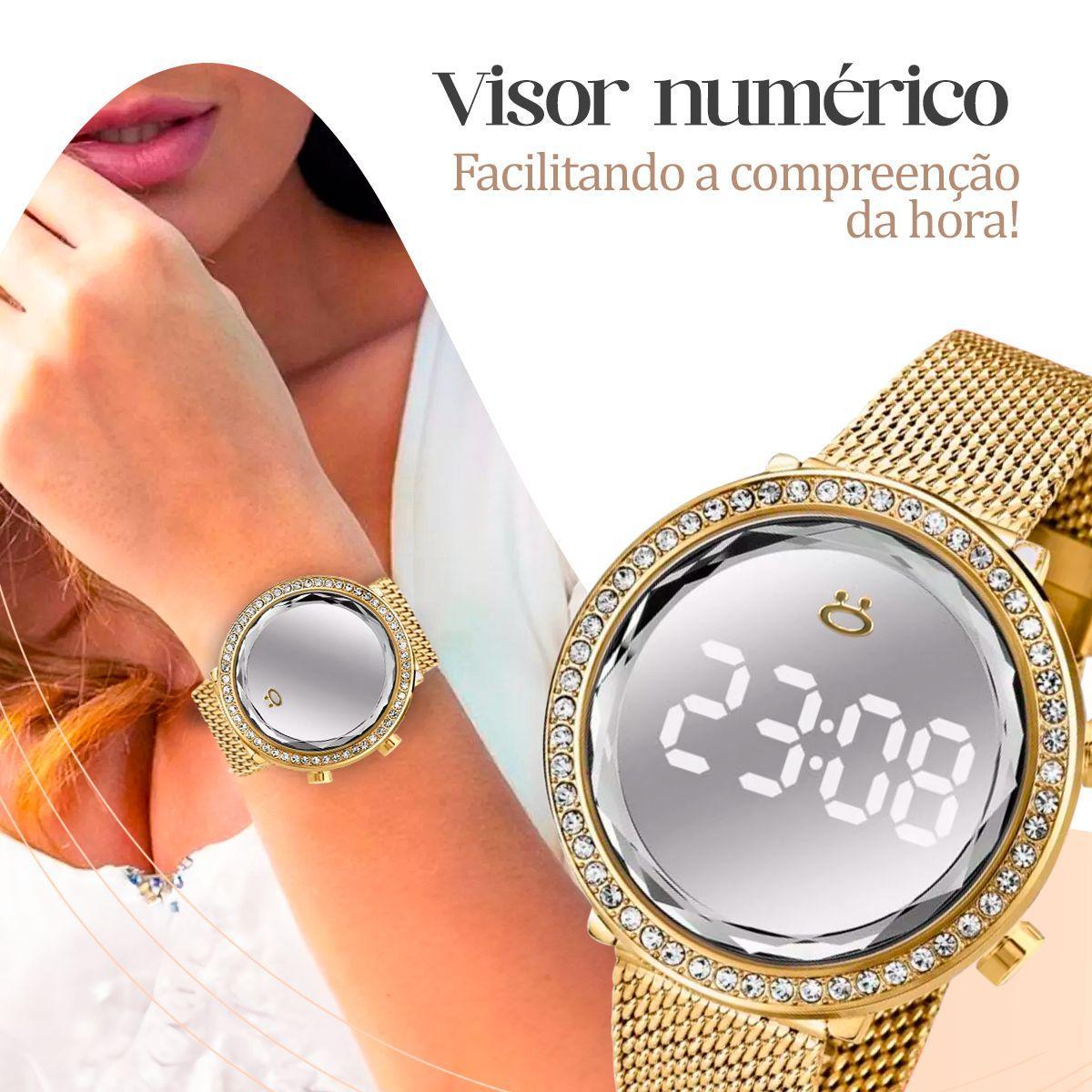 Miniatura Relogio Digital Feminino Aço + Caixa + Colar Strass Brinco