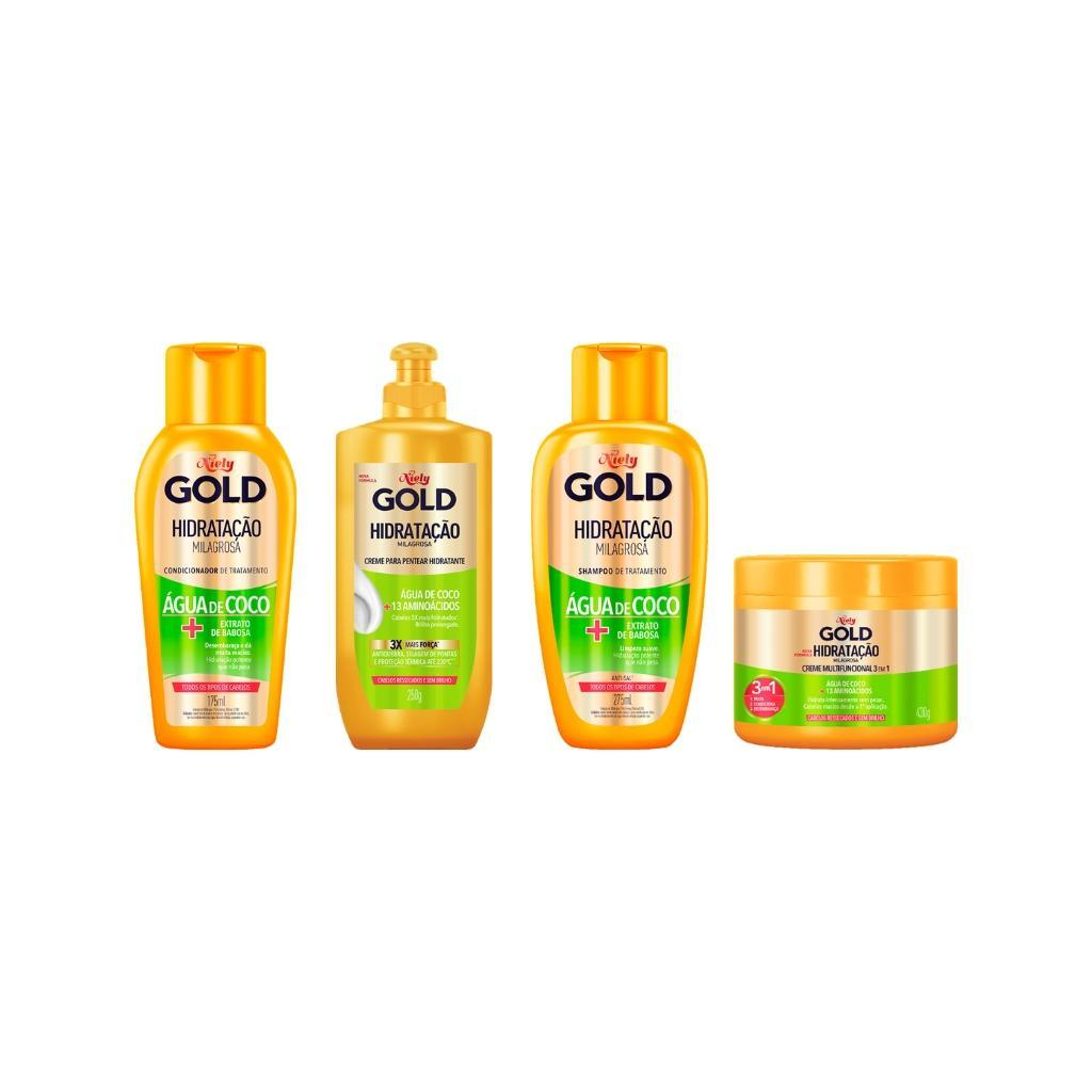 Miniatura Kit Niely Gold Agua Coco Shampoo+Cond+Cr Pentear+Masc