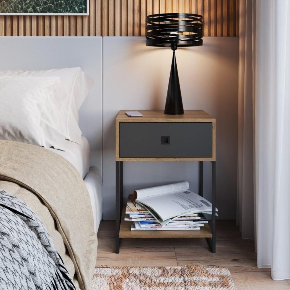 Quarto Estilo Industrial com Guarda Roupa Closet de 2 Gavetas  e  2 Mesas de Cabeceira com 1 Gaveta Mel / Grafite
