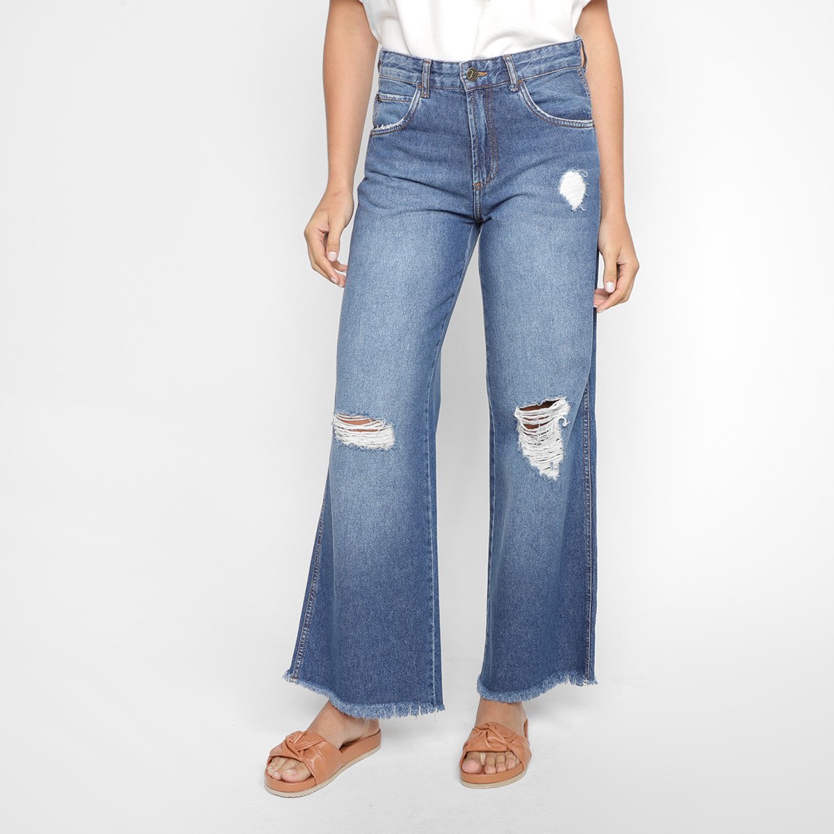 Miniatura Calça Jeans Cantão Wide Leg Maxi Rasgo Feminina Azul - 40