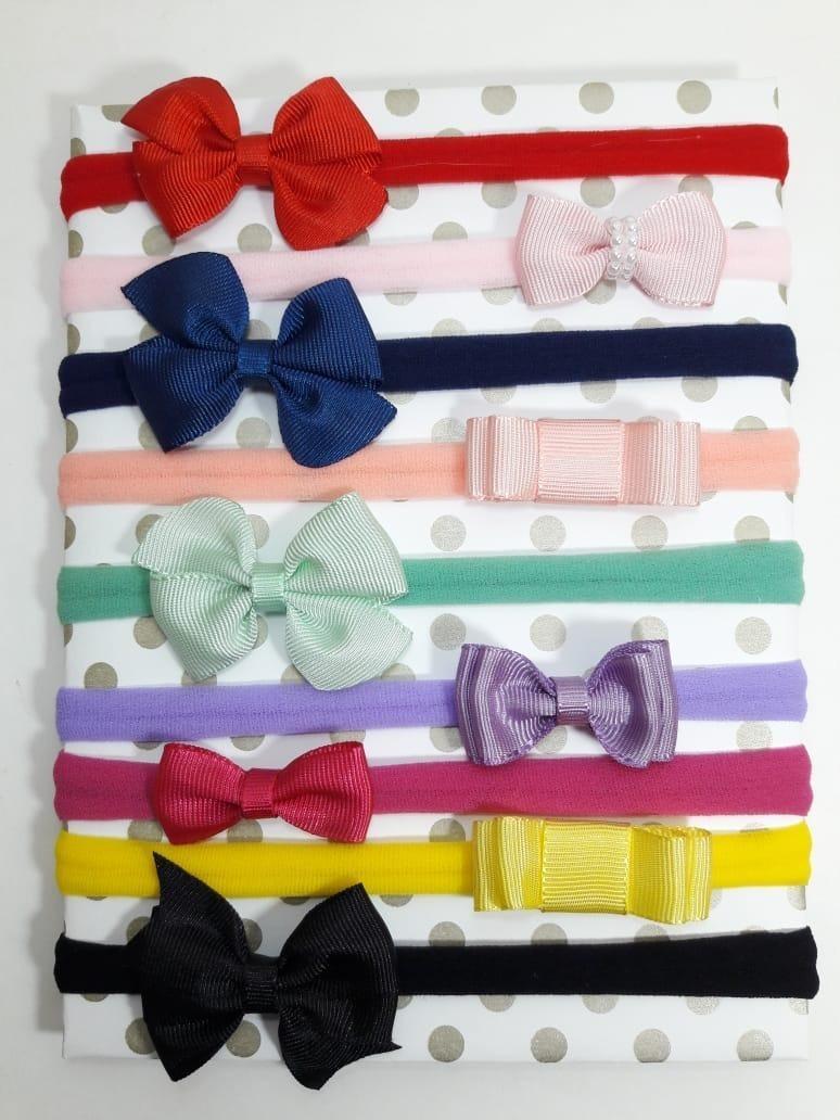 Miniatura Tiara De Bebe Menina Kit Faixas Meia De Seda 9 Laços Rn