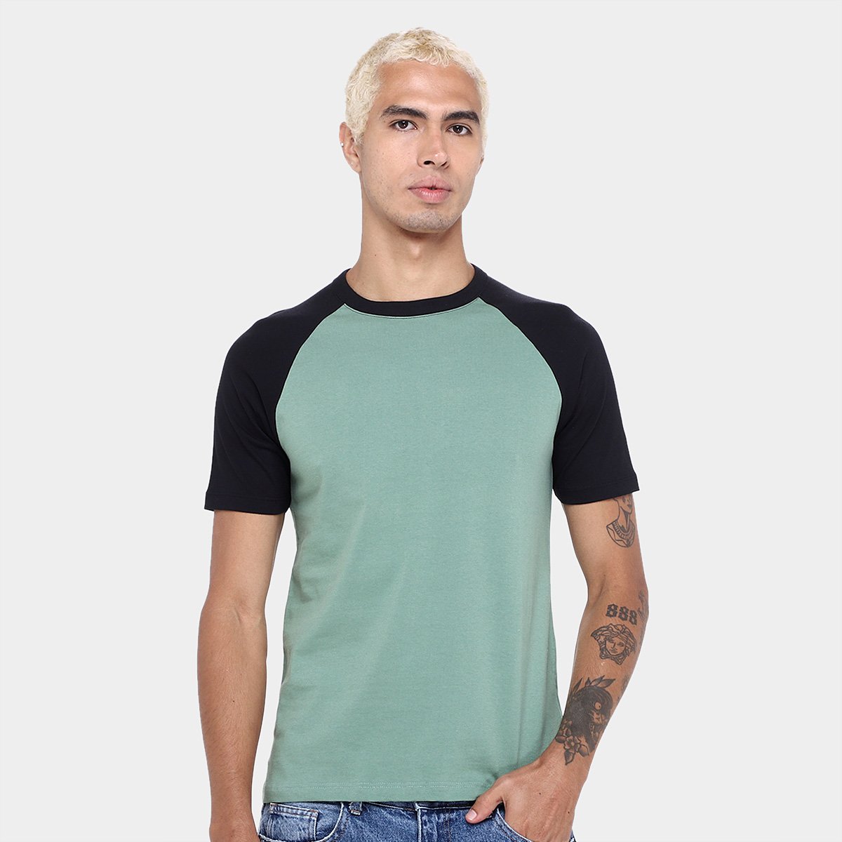 Miniatura Kit Camiseta Básicos Raglan 2 Peças Masculina Branco+Verde - M