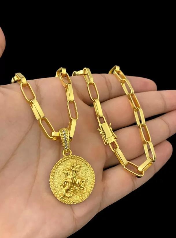 Miniatura Cordão Tijolinho 6Mm Pingente São Jorge - Banhado Ouro 18K