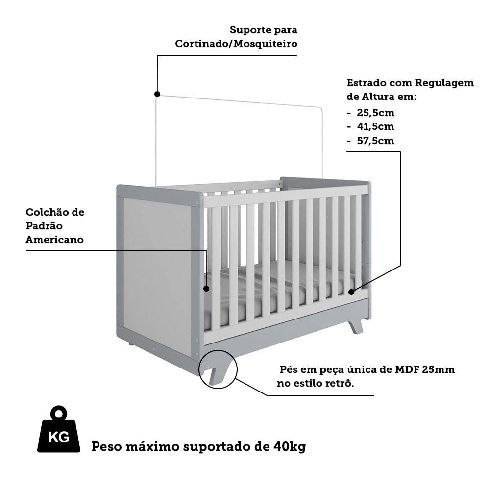 Berço Mini Cama Retrô Móveis Peroba Branco Brilho/Cinza