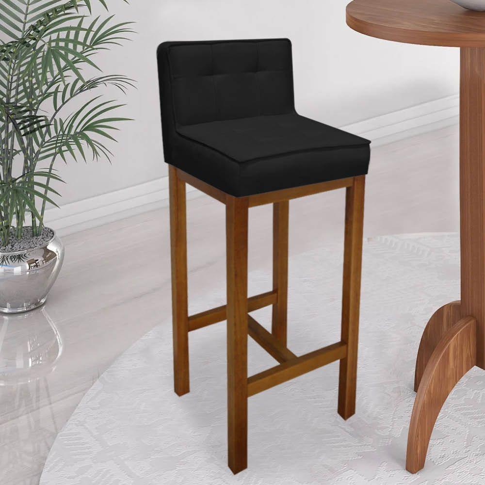 Miniatura Banqueta Alta Com Encosto Alba Cozinha Balcão Bistrô Base Madeira Castanho Corino Preto