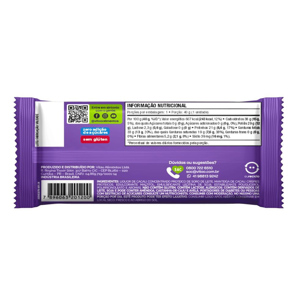 Miniatura Chocolate Vitao Soulpro com Crispies Proteicos 8,4g de Proteína Meio Amargo 40g
