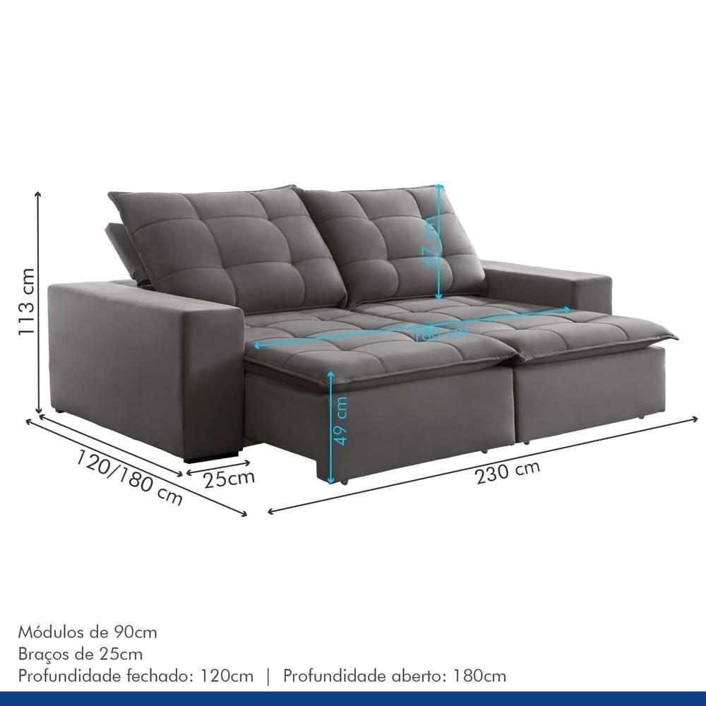 Sofá Retrátil E Reclinável Paris Veludo Cinza 230cm