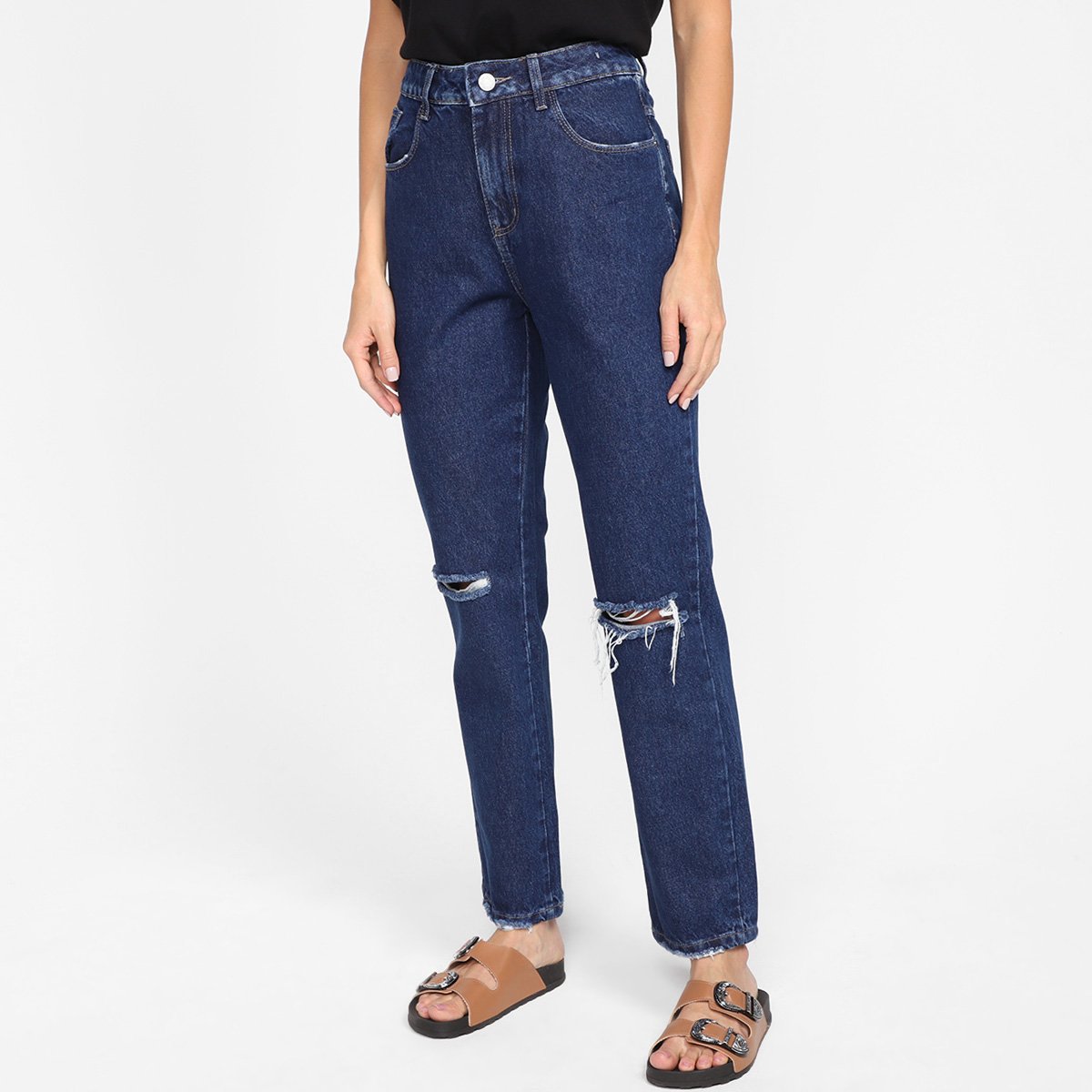 Miniatura Calça Jeans Reta Sawary Rasgos Joelho Feminina Azul - 34