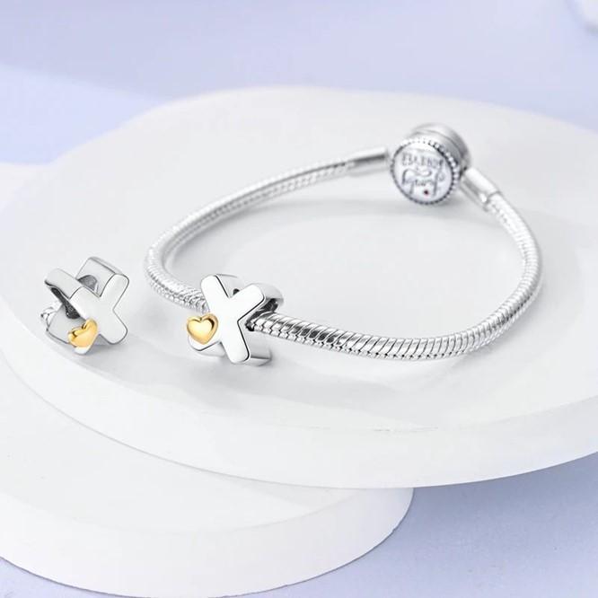 Miniatura Berloque Letra X Coração Pulseira Prata 925 Alfabeto Dourado