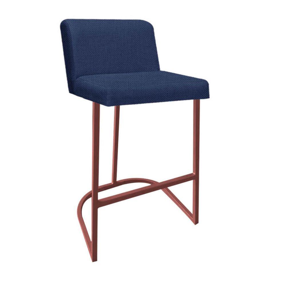 Miniatura Banqueta Com Encosto Noah Luxo Confort Bistrô Cozinha Ferro Bronze Linho Azul Marinho - Amey Decor