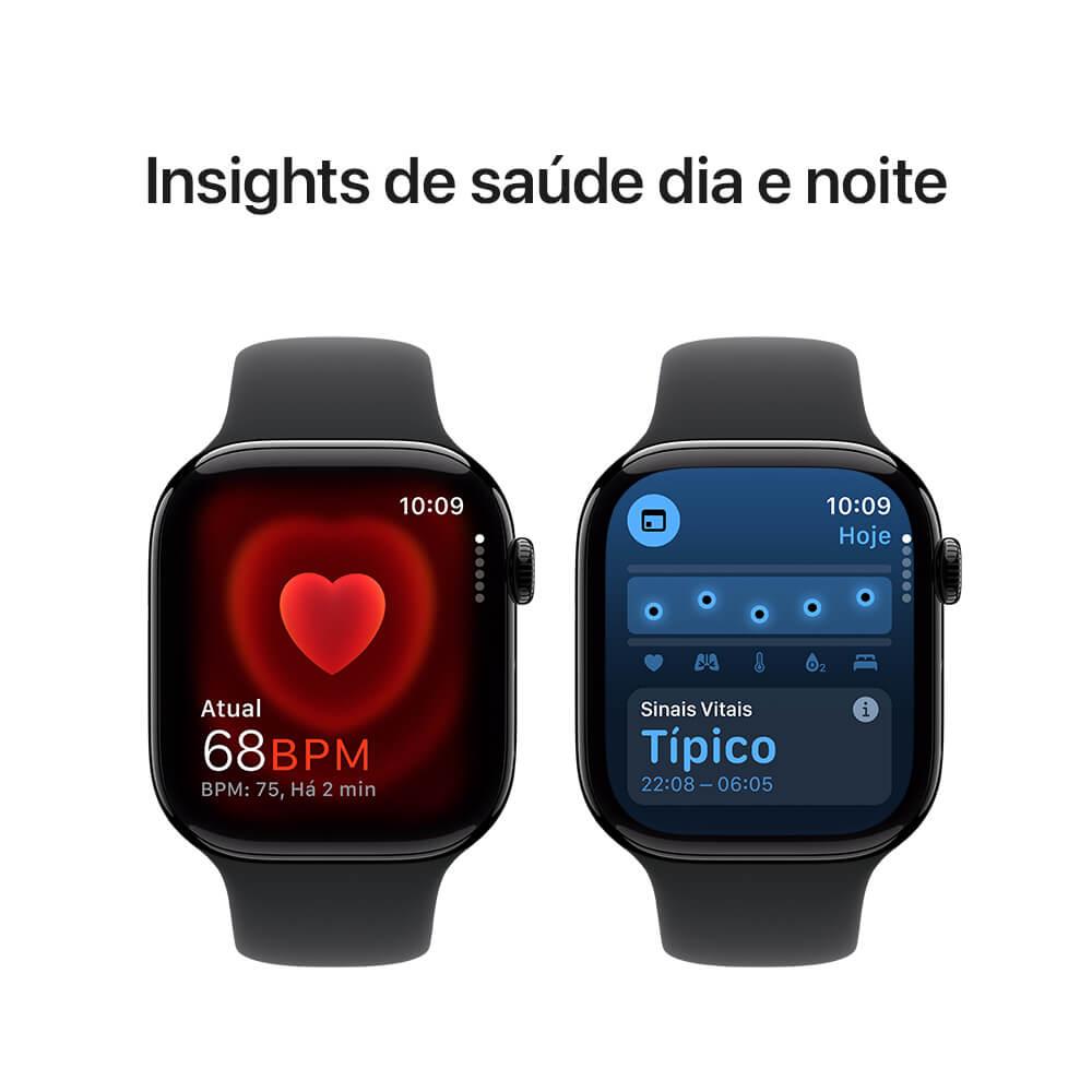 Miniatura Apple Watch Series 10 GPS • Caixa preta brilhante de alumínio – 46 mm • Pulseira esportiva preta – P/M