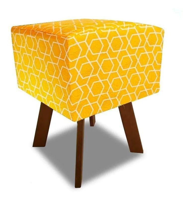 Miniatura Puff Quadrado Jacquard Geométrico Amarelo Pés De Madeira