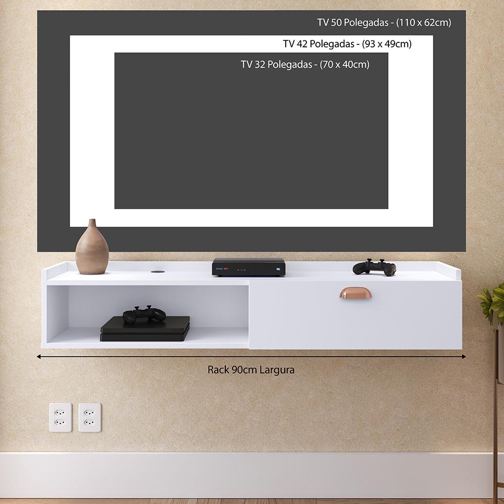 Rack Suspenso Home Classic Tv 32 42 50 Polegadas 1 Porta Puxador Concha Decoração Minimalista Quarto Sala Recepção Branco - Lojas RPM