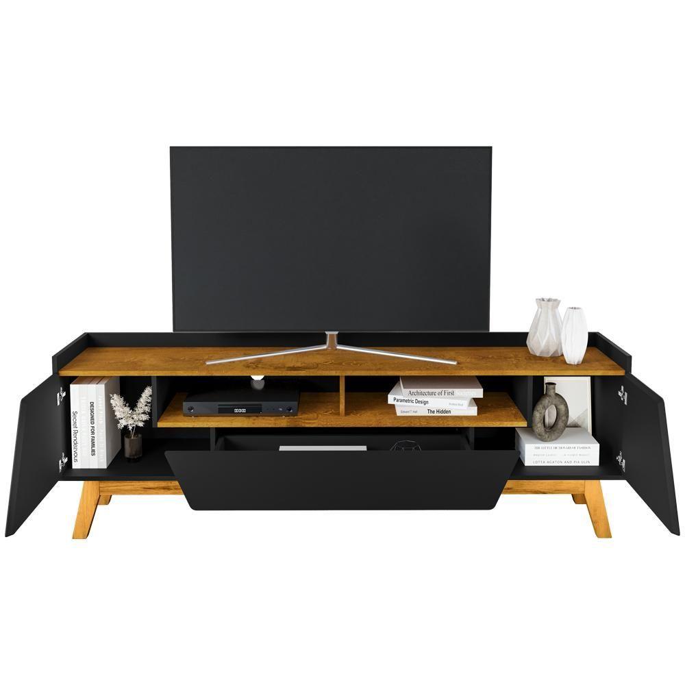 Rack Para Sala De Estar Tv 70 Pol 180cm Morello B02 Preto Fosco Naturalle - Lyam Decor