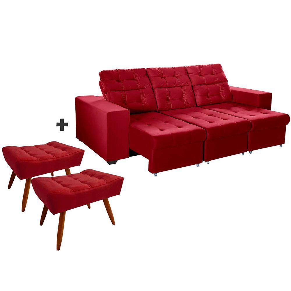 Miniatura Sofá 4 Lugares 2,25m Retrátil +2 Puffs Pés Palito Vermelho