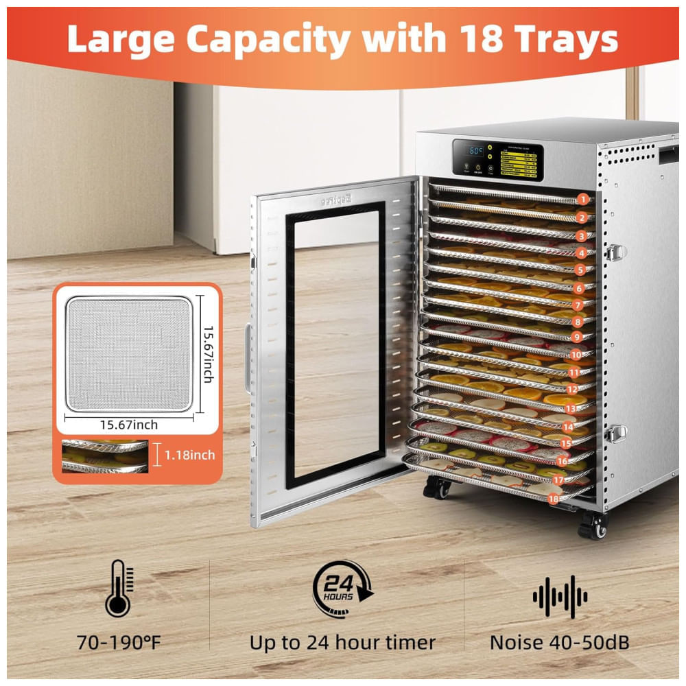 Miniatura Desidratador de Alimentos em Aço Inoxidável com 18 Bandejas, Temporizador Ajustável e Controle de Temperatura, 110V 15...