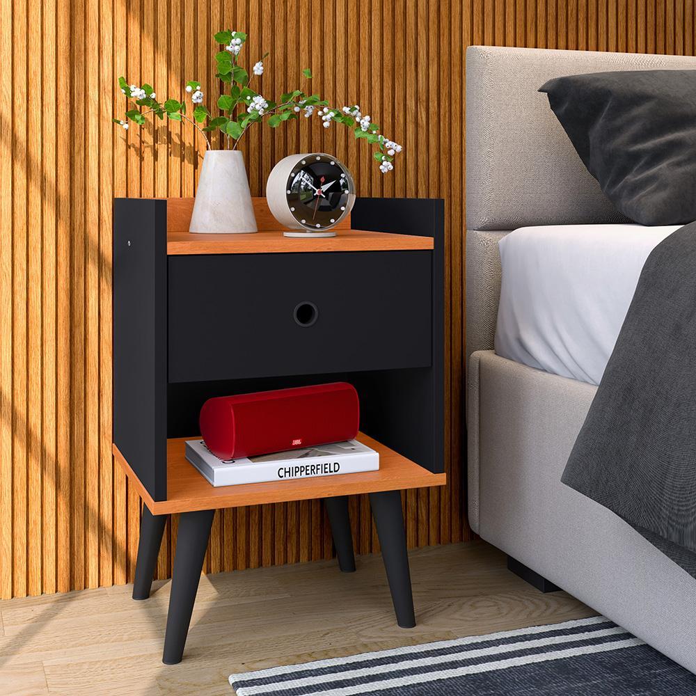 Kit 2 Mesas Cabeceira Decore Mesinha Gaveta Nicho Aparador Buffet Wood New Preto/Cinamomo Retrô Pés Palito - Lojas RPM