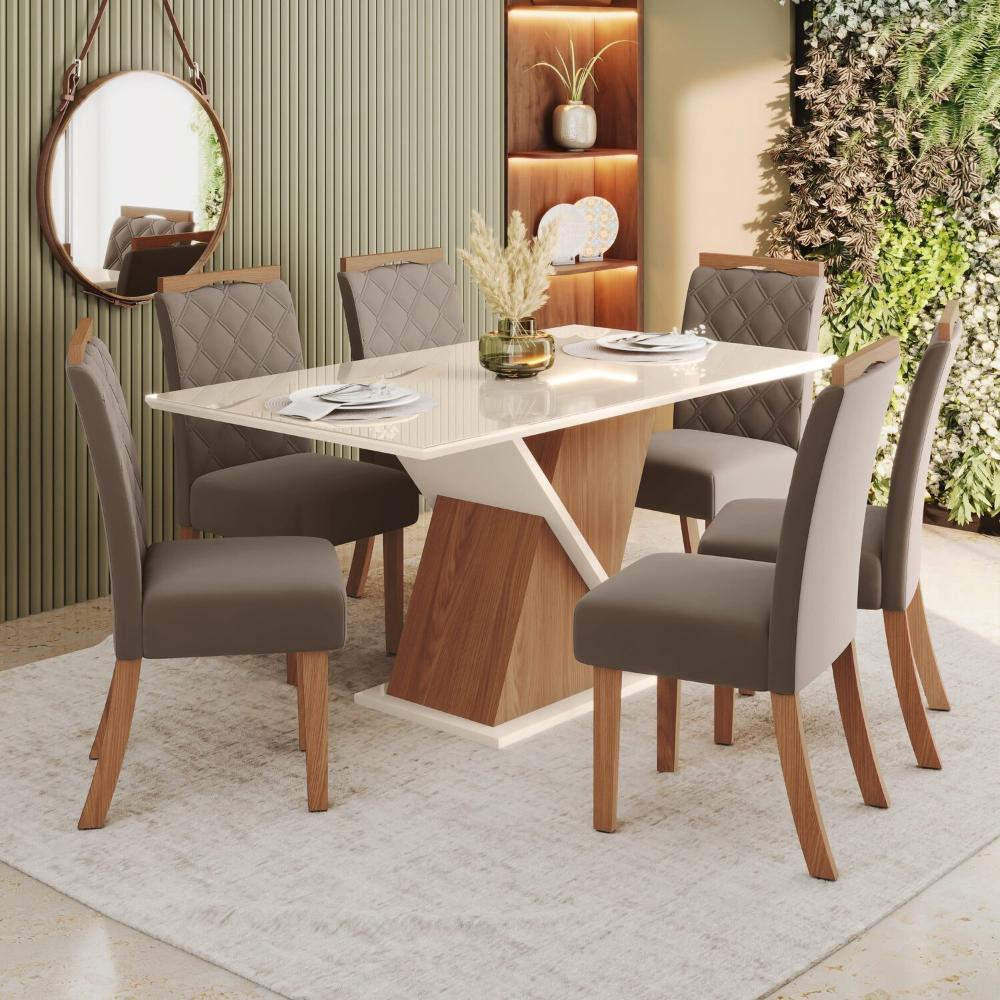 Miniatura Sala de Jantar Carla Mesa 160 Cm Canto Reto com Vidro 6 Cadeiras Espresso Móveis Nature/Off White/Marrom Amêndoa