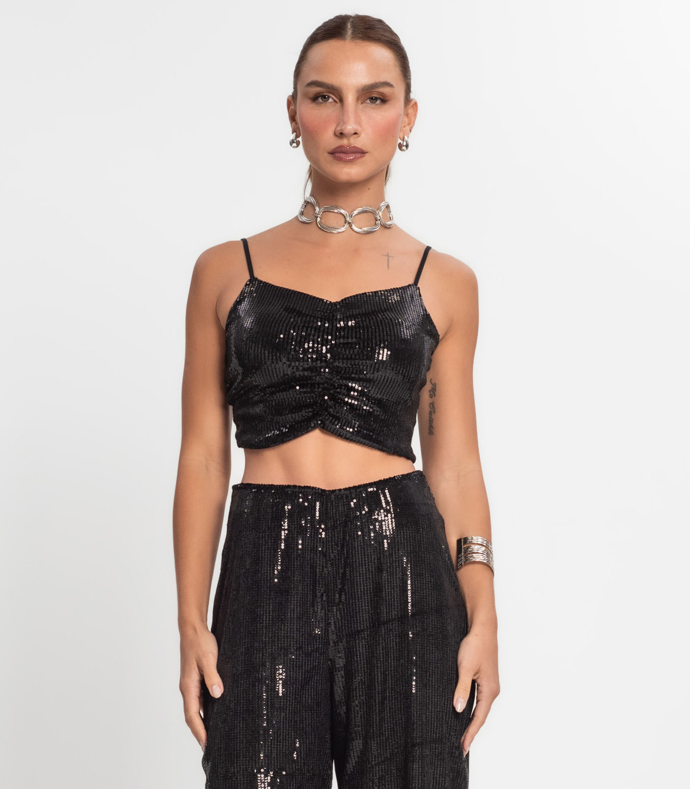 Miniatura Top Cropped Em Paetê Endless Preto G
