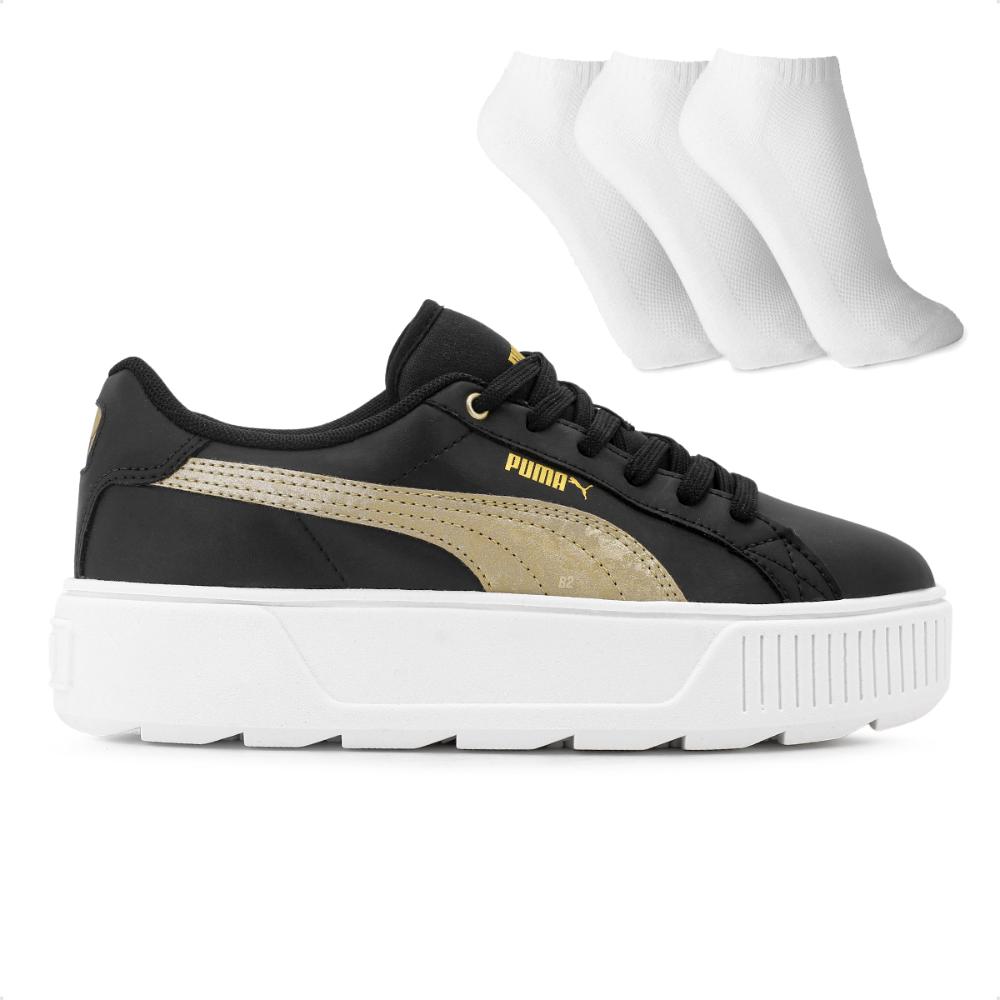 Miniatura Tênis Puma Karmen Space Metallic BDP Feminino + 3 Pares de Meias Preto / Dourado - 39