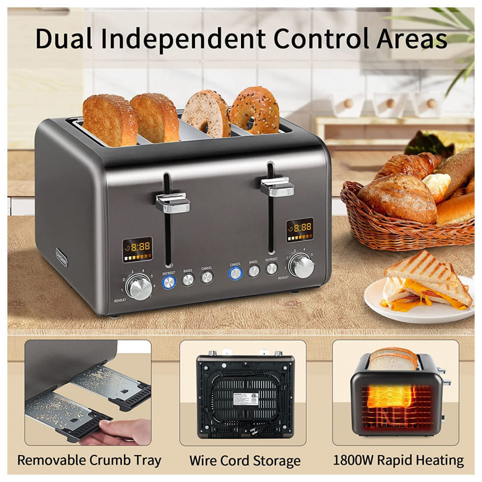 Miniatura Torradeira Elétrica 4 Fatias, Aço Inoxidável 1800W, 110v, SEEDEEM, Cinza escuro
