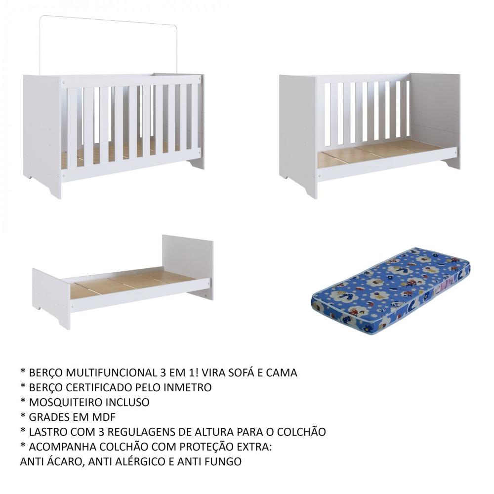 Berço 3 em 1 Branco 133x64,8cm com Colchão Aconchego Completa Móveis Branco