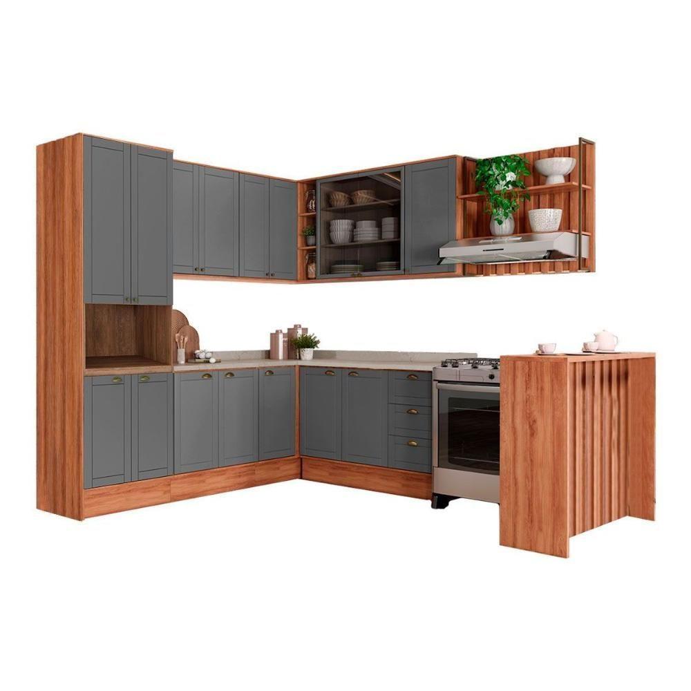 Miniatura Cozinha Modulada Completa Bella 9 Peças 3 Aéreos + 3 Balcões + 1 Torre Quente+1ilha + 1 Complemento C9p200 Nogal Cinza