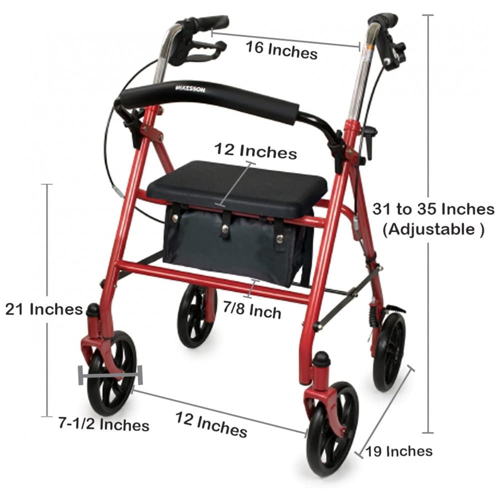 Miniatura Andador Adulto Idoso McKesson com Assento, Suporta até 136 Quilos, Vermelho