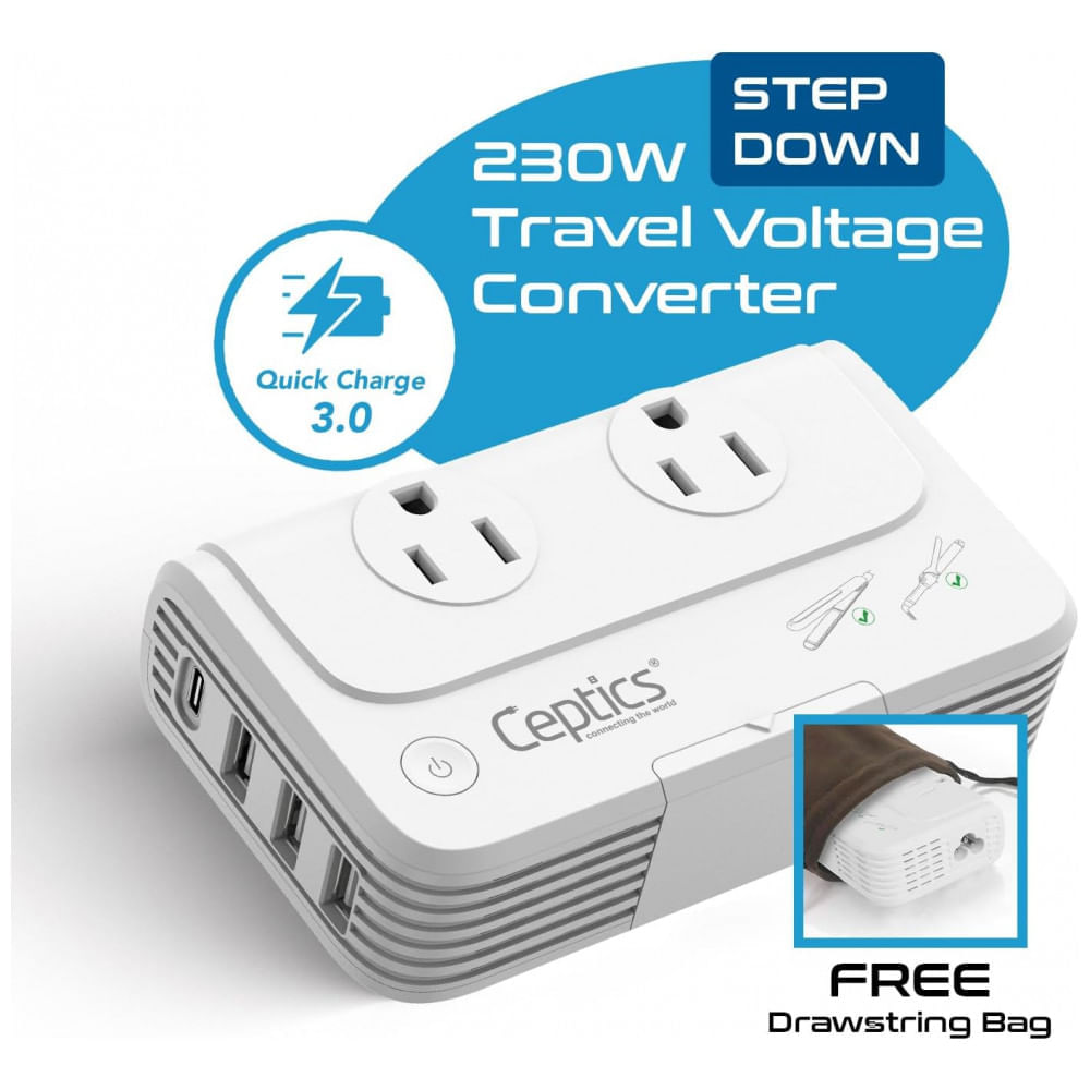 Miniatura Transformador de Tensão até 200W Converte 220V Para 110V com 4 Portas USB, Ceptics, Branco