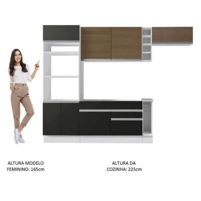 Miniatura Cozinha Completa Madesa Safira com Armário e Balcão (Sem Tampo e Pia) Branco/Preto/Rustic Cor:Branco/Preto/Rustic