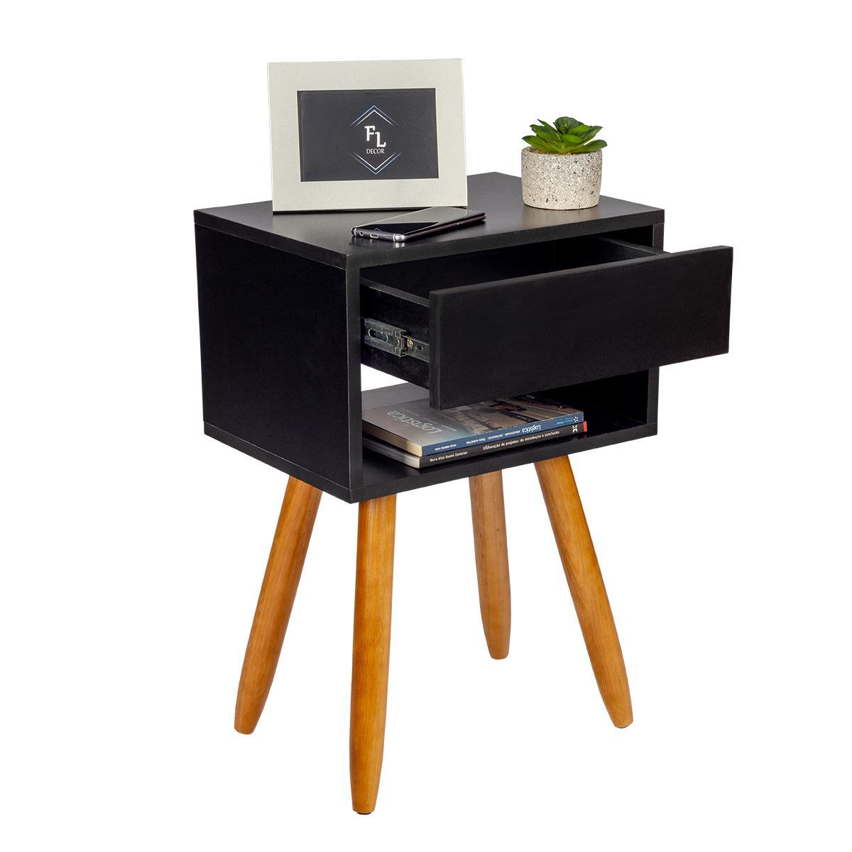 Miniatura Mesa Cabeceira Preto Retro 55Cm Altura Pés Castanhos