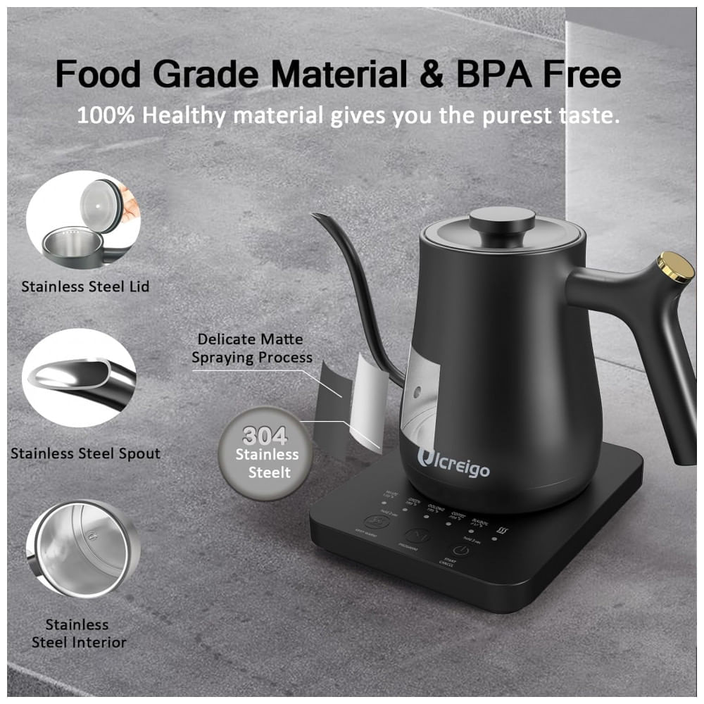 Miniatura Chaleira Elétrica 800mL em Aço Inoxidável com Controle de Temperatura, 5 Predefinições, 110V 1200W, Ulcreigo, Preta