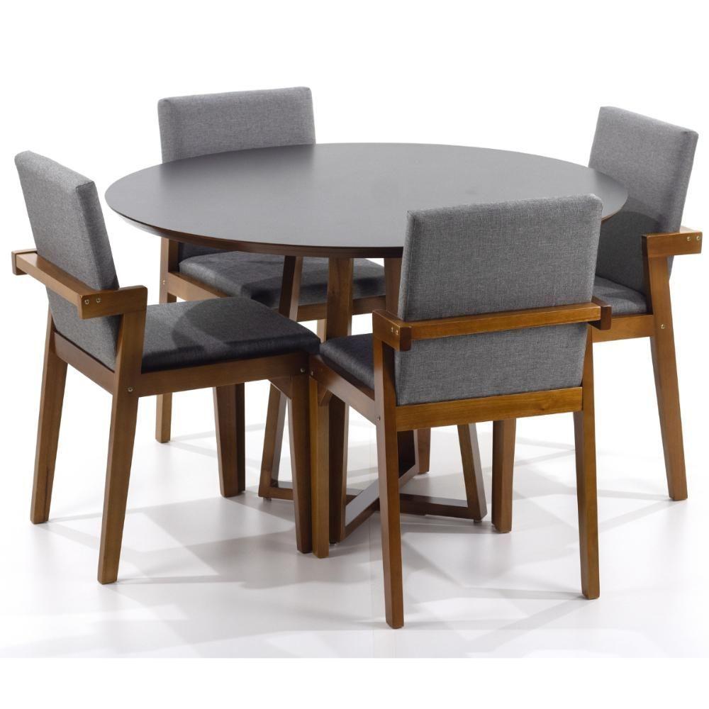 Conjunto Mesa De Jantar Redonda Preta Lara Premium 100cm Com 4 Cadeiras Estofadas Isabela - Cinza