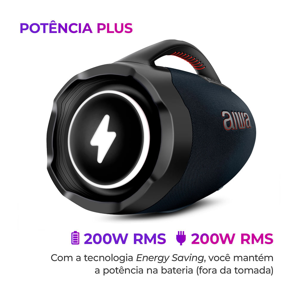 Miniatura Caixa de Som Boombox Plus AIWA BBS-01-LBL 200W BT 30H IP66 USB RGB BOOMBOX C/ LUZES AWS-BBS-01-LBL BIVOLT